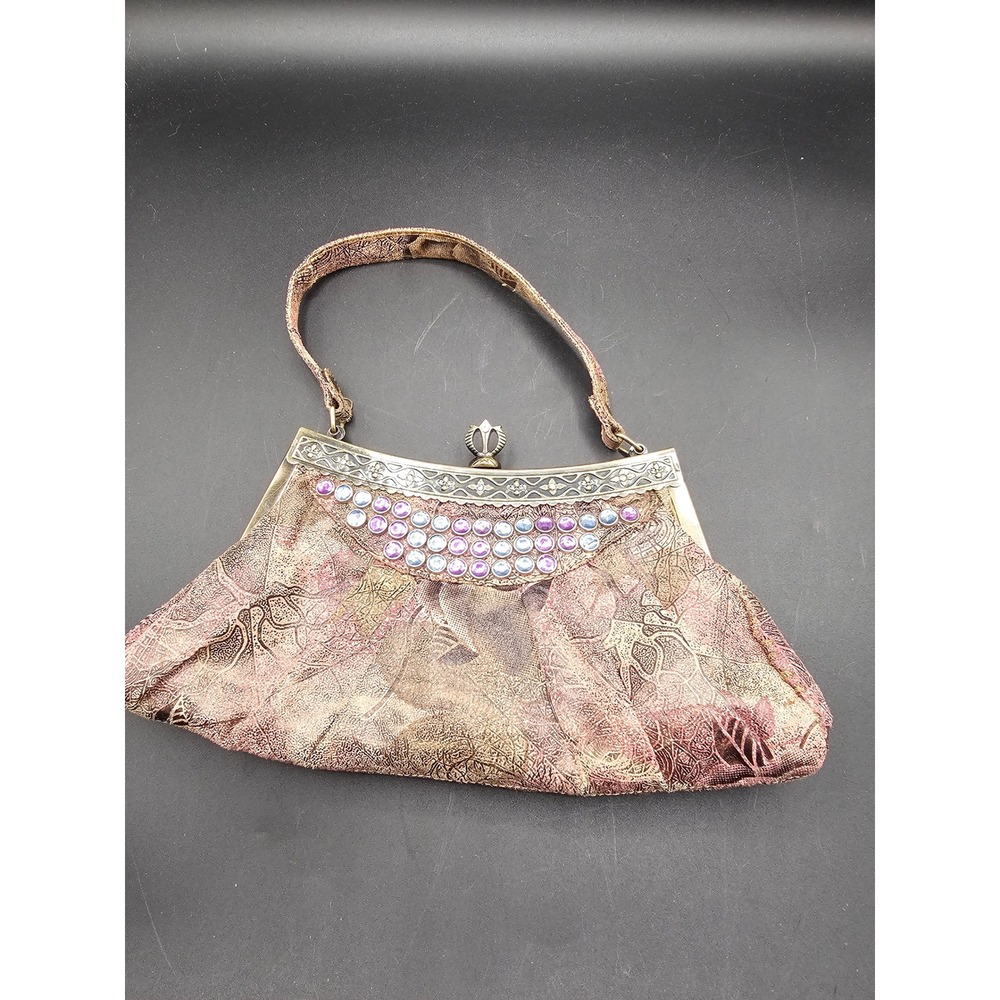 Vintage Style Tapestry Frame Clutch Handbag Iridescent Beaded Kiss Lock Bronze